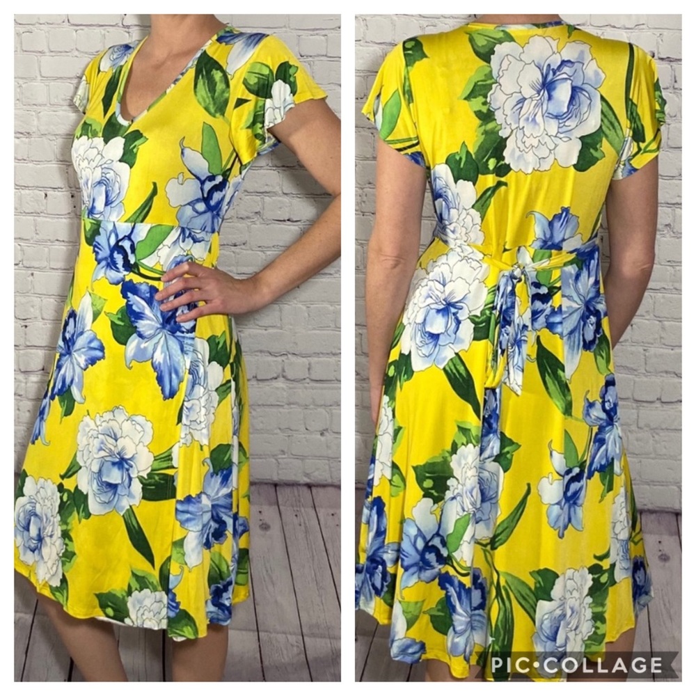 Bright yellow floral faux wrap dress.
